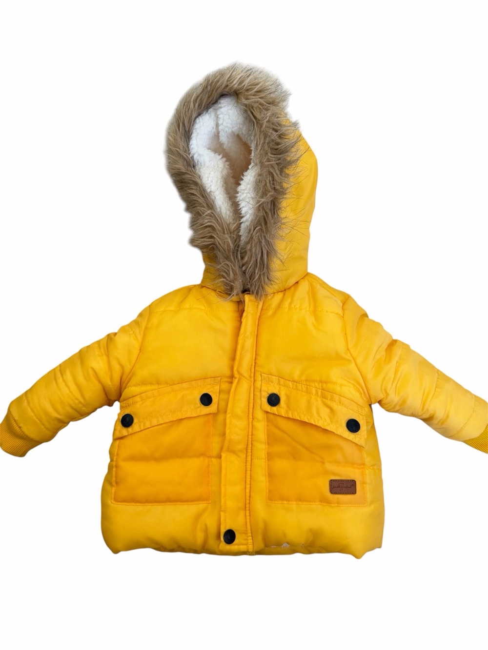 7 For All Mankind Yellow Puffer Jacket with Faux Fur Hood